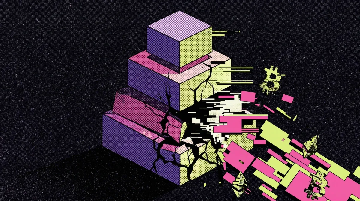 Crumbling geometric blocks with crypto symbols fragmenting against a dark background.