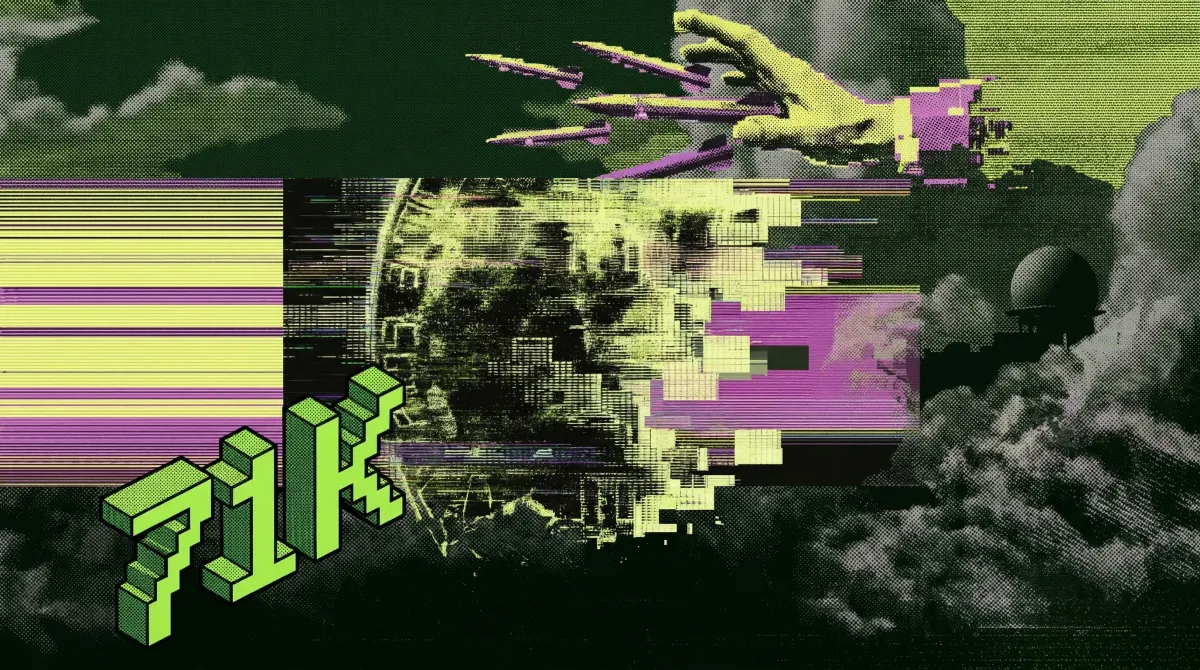 Glitch-style digital artwork with green isometric 71K text and magenta pixel distortions representing Bitcoin's price surge.