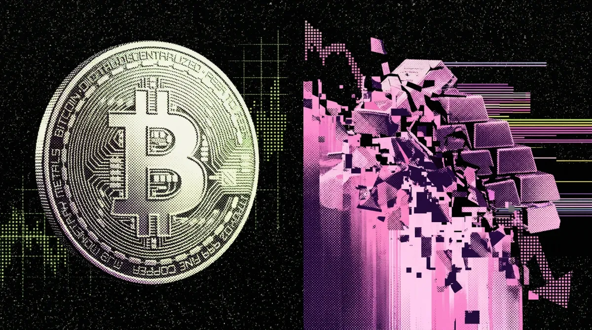 Bitcoin coin alongside fragmenting gold bars, representing the divergence between bitcoin and precious metals.