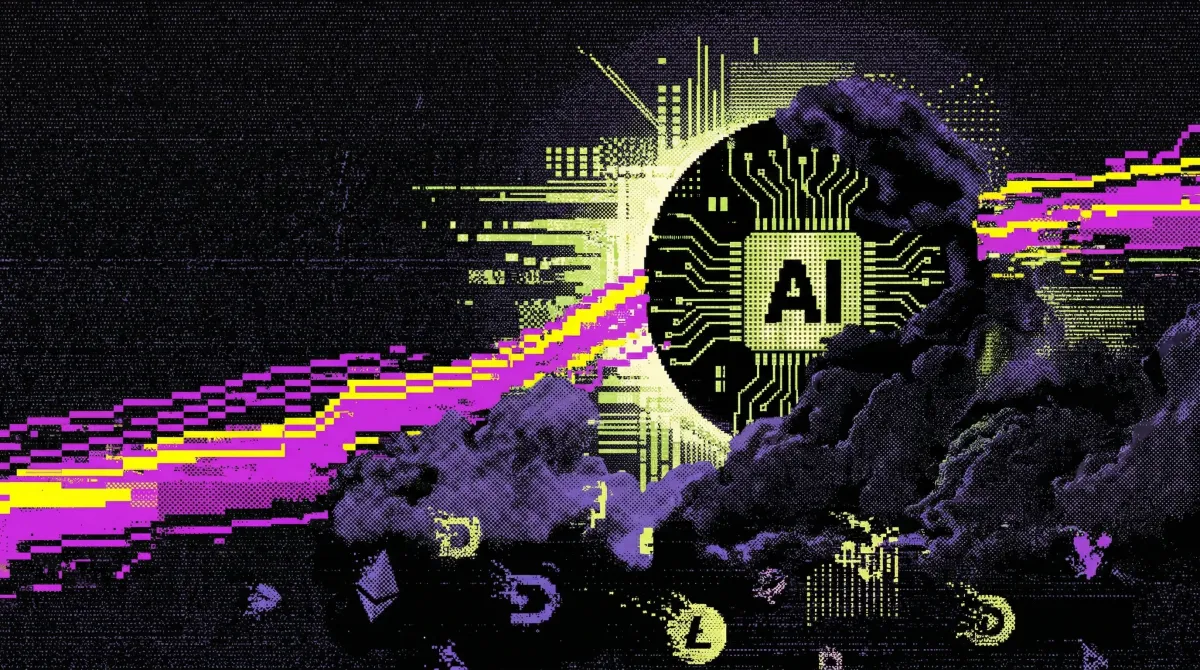 AI circuit board symbol rising above fading altcoin logos against a dark digital background.