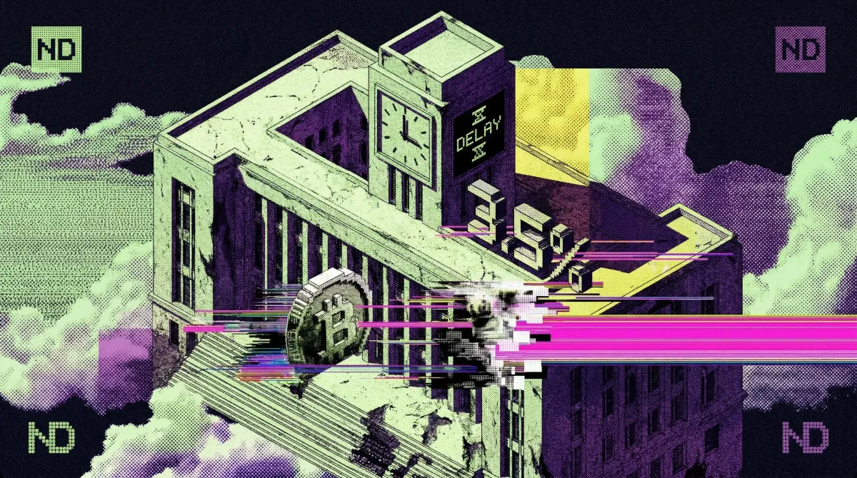 Glitch-style illustration of a government building with a Bitcoin coin, clock showing delay, and 3.5% text representing Brazil's crypto tax.