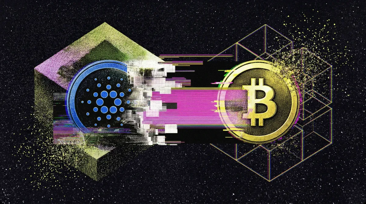 Cardano and Bitcoin logos connected by glitch-art data streams against a dark starfield with isometric geometric shapes.