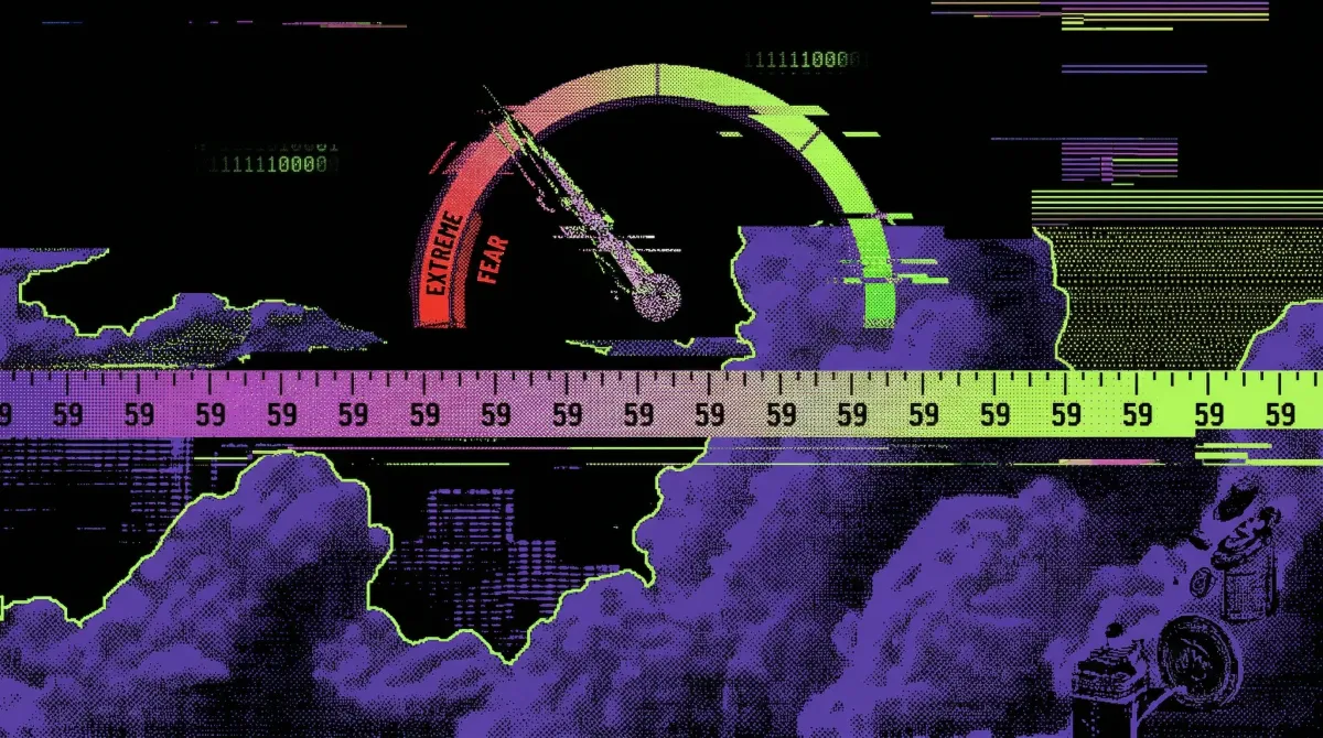 Illustration of a crypto Fear and Greed Index gauge pointing to extreme fear with a ruler marking 59 days, symbolising the longest recorded streak of market fear in cryptocurrency markets.