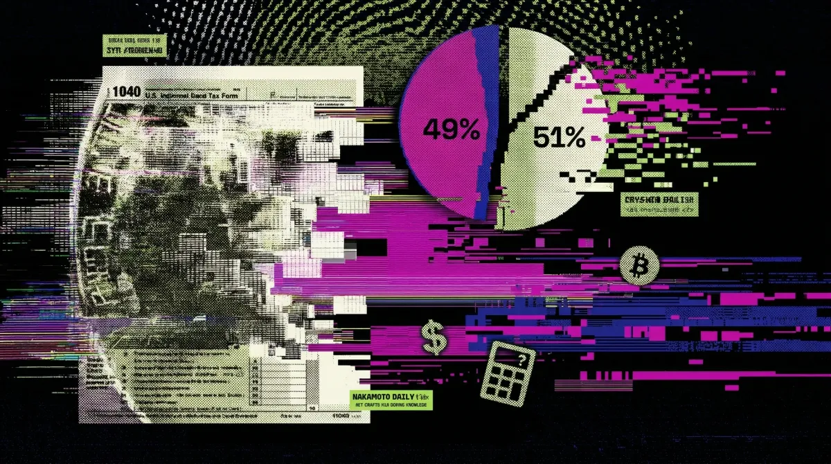 Glitch-style illustration showing a tax form, calculator, and a pie chart split 49% to 51%, representing a Coinbase report on the crypto tax knowledge gap among investors.