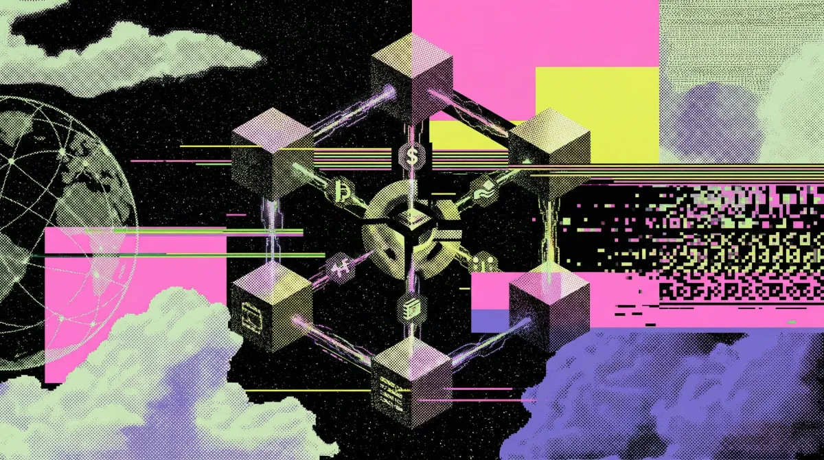 Illustration of interconnected blockchain nodes and financial symbols forming a decentralised network, representing a guide to DeFi and decentralised finance in 2026.