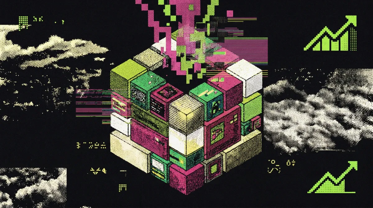 Abstract illustration of modular blockchain blocks with glitch effects, representing programmable Ethereum block construction.