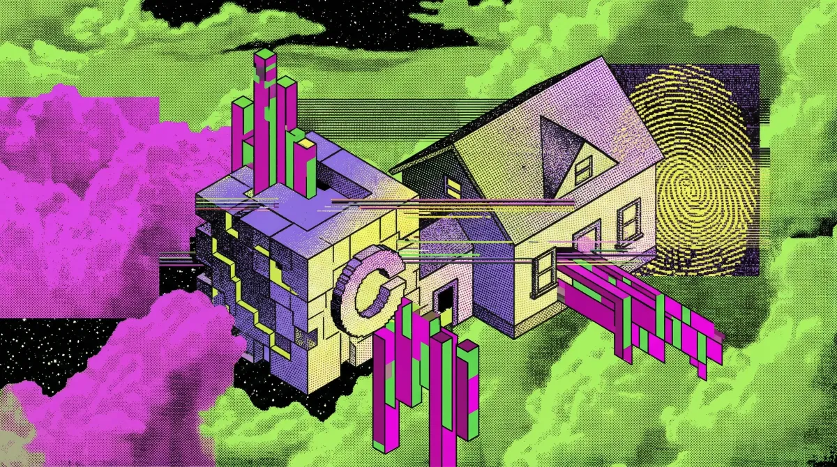 Surreal illustration of a house combined with digital chart bars and a fingerprint motif, symbolising crypto assets being used as collateral in the traditional housing market.