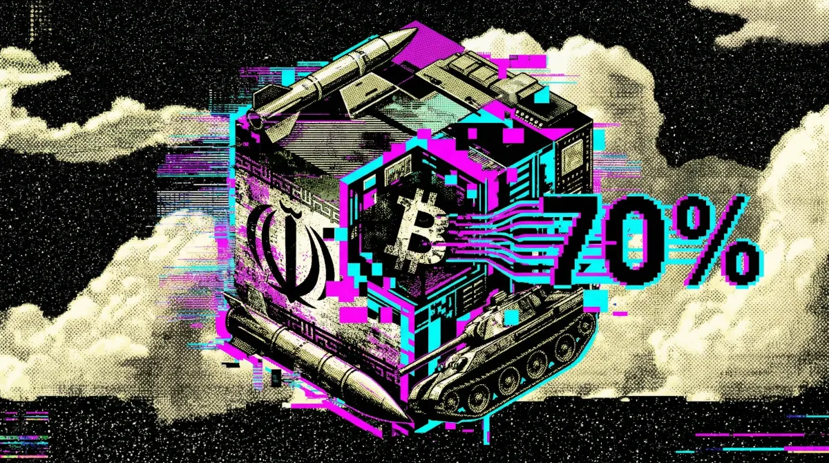 Military tank and missiles merged with Bitcoin mining hardware and the 70% figure in a glitch-style illustration.