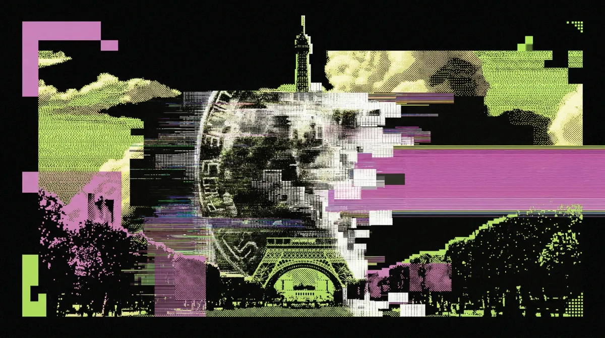 Glitch-style digital artwork showing the Eiffel Tower and a large coin against a black, green and purple background.