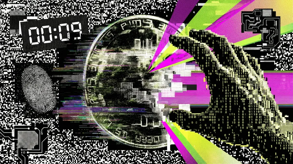 Illustration of a digital hand manipulating a Bitcoin with a timer, representing research suggesting quantum computers could potentially break Bitcoin’s cryptography in minutes.