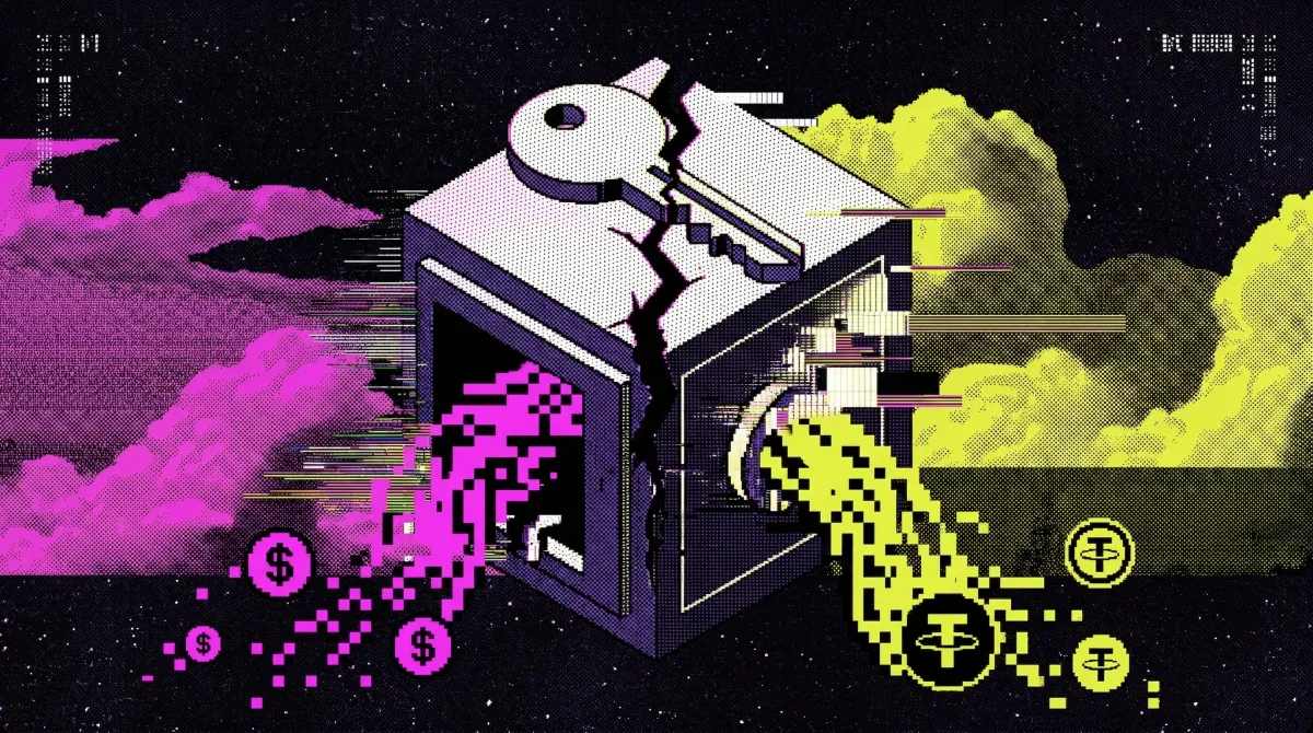 Illustration of a broken key on top of a cracked vault with stablecoin tokens spilling out, representing the Resolv Labs USR stablecoin hack.