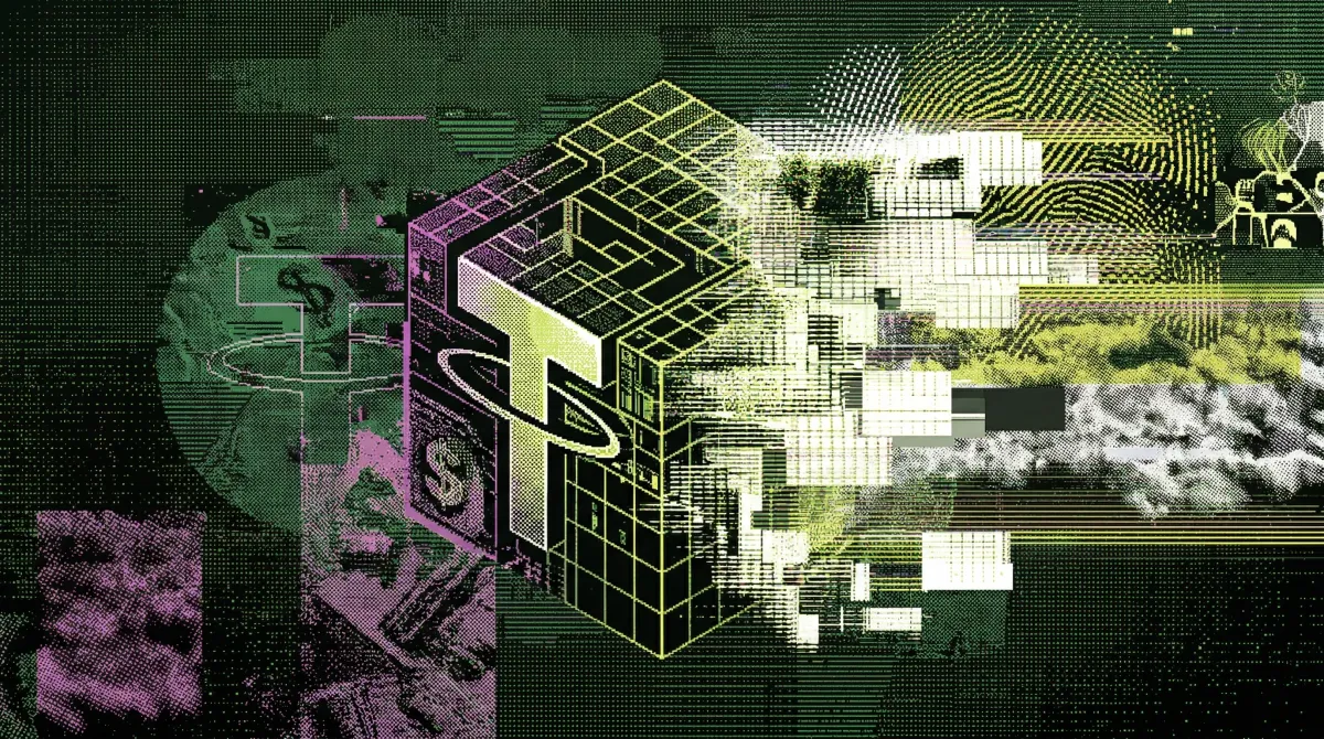 Abstract digital illustration of the TRON logo surrounded by circuit patterns and dollar symbols in green and pink tones.