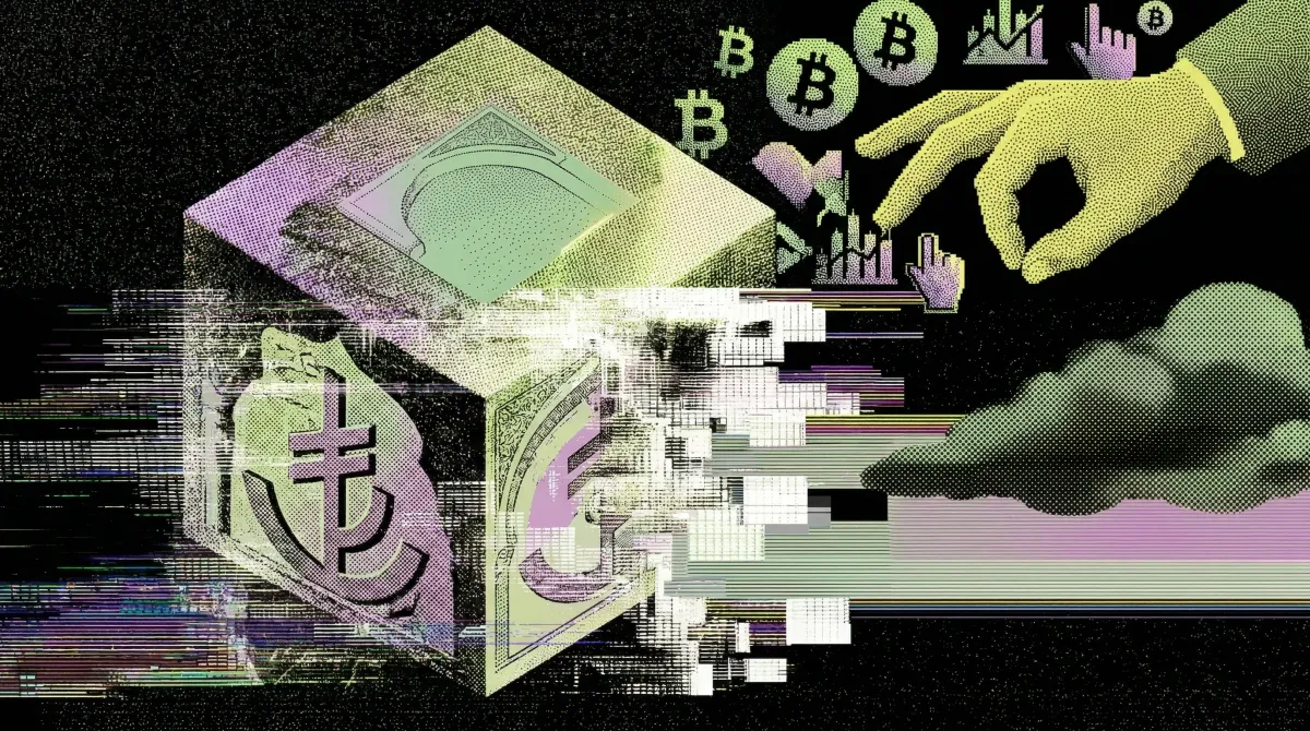 Glitch-style illustration of currency symbols and Bitcoin icons breaking apart from a financial block, representing Turkey pulling a proposed crypto tax plan after industry backlash.