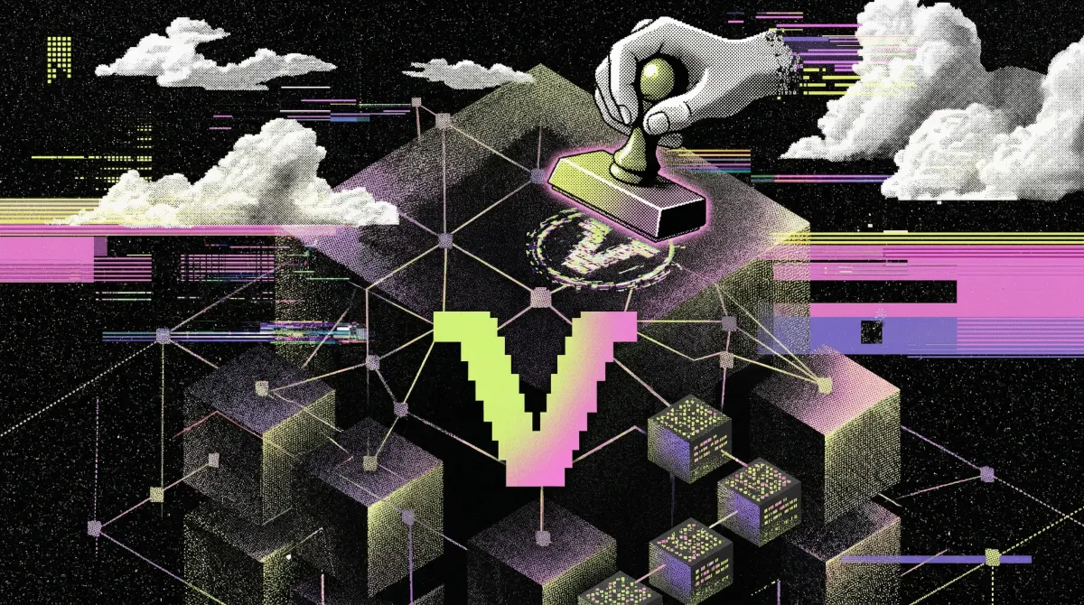 Hand placing a Visa stamp onto a blockchain network grid with connected nodes and data blocks.