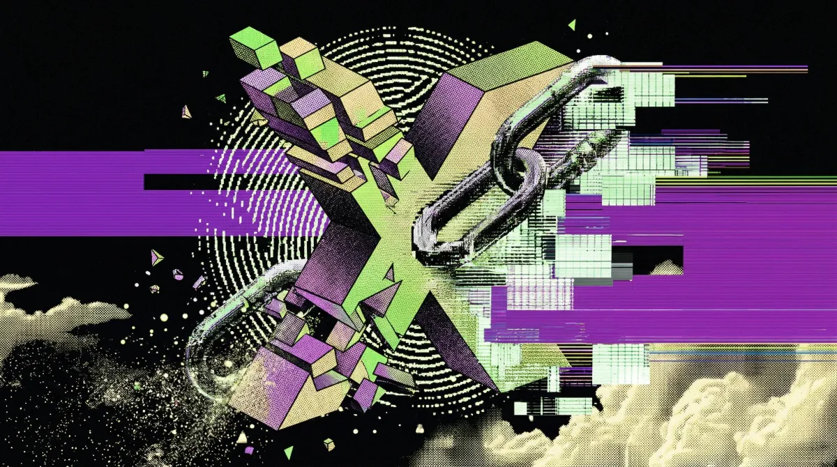 Glitch-art illustration of a stylised X shape constructed from green and purple geometric blocks, connected to a chain link, with purple data streaks and pixel distortion.