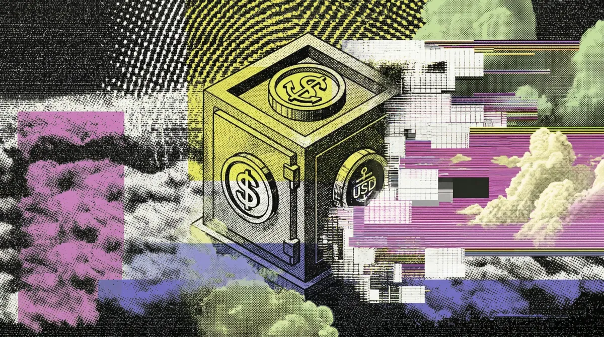 Illustration of a vault containing dollar and stablecoin symbols, representing Anchorpoint receiving Hong Kong's first stablecoin licence.