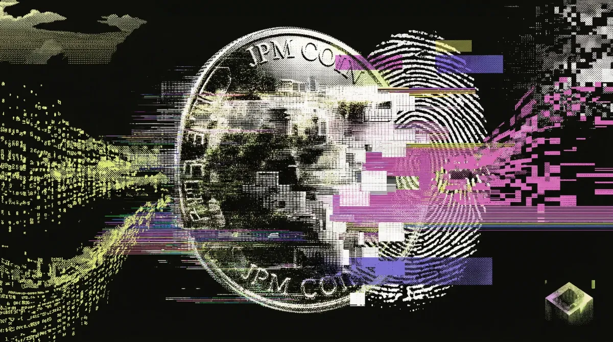 Illustration of a JPM Coin with digital data streams and a fingerprint graphic, representing Argentine banks testing JPMorgan’s blockchain settlement token.