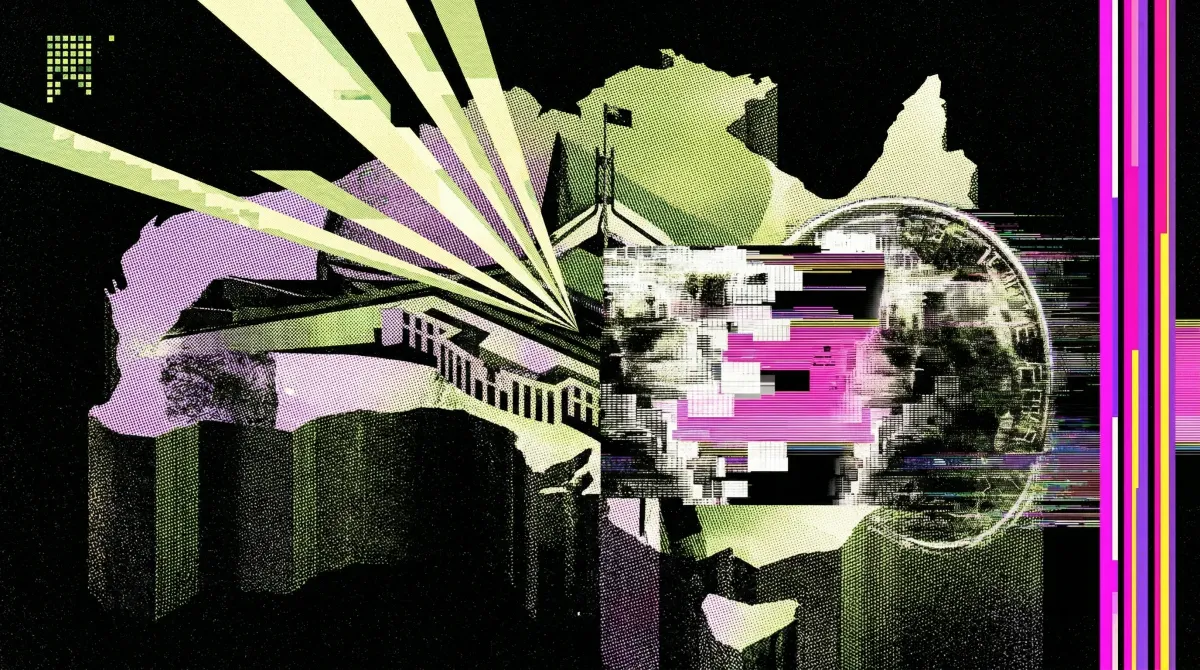 Illustration of a Bitcoin coin emerging over a map of Australia and government building, representing new legislation requiring crypto exchanges to obtain financial licences.