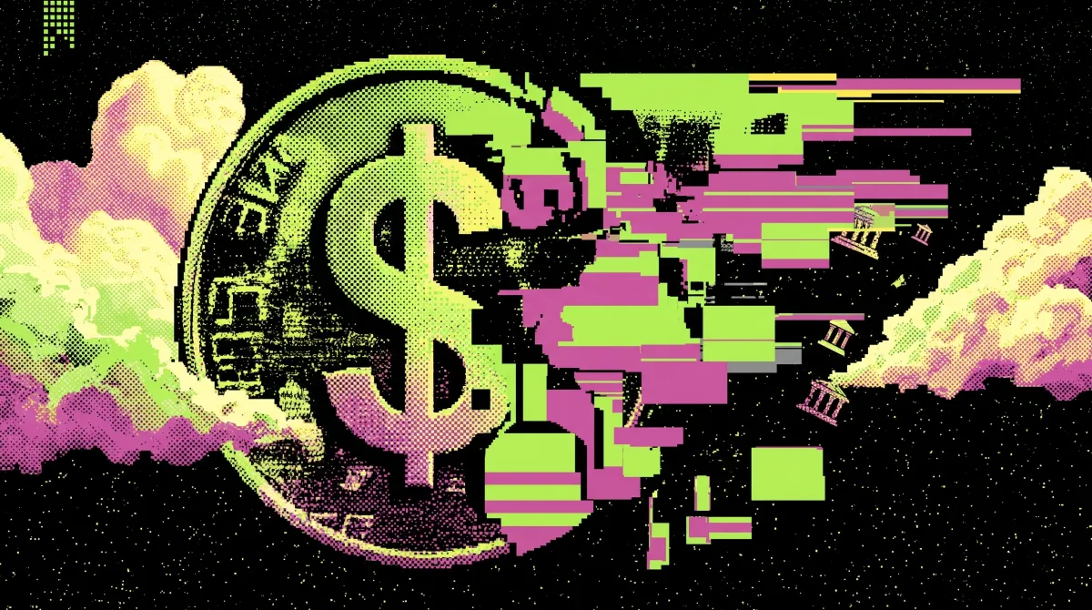 Stylised graphic of a large dollar coin breaking apart into digital fragments, representing BIS concerns over the risks dollar stablecoins could pose to banks and financial stability.