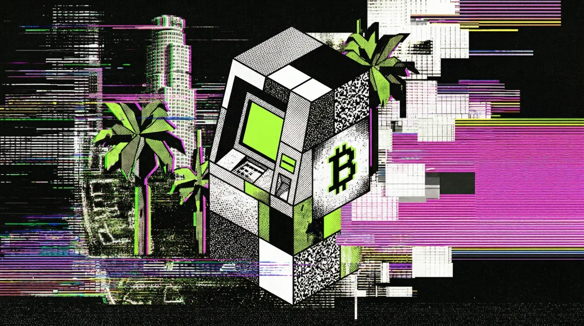 Stylised digital illustration of a Bitcoin ATM with a Bitcoin logo, palm trees, and the Los Angeles skyline in a black, neon green, and magenta glitch-art design.