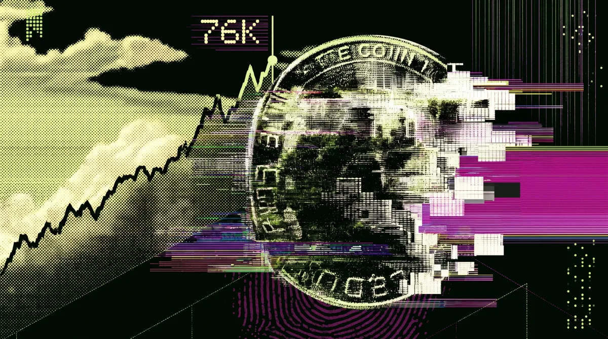 Stylised illustration of a bitcoin coin over a rising price chart with a 76K label and glitch effects, representing bitcoin’s move toward $76,000 amid unsettled market sentiment.