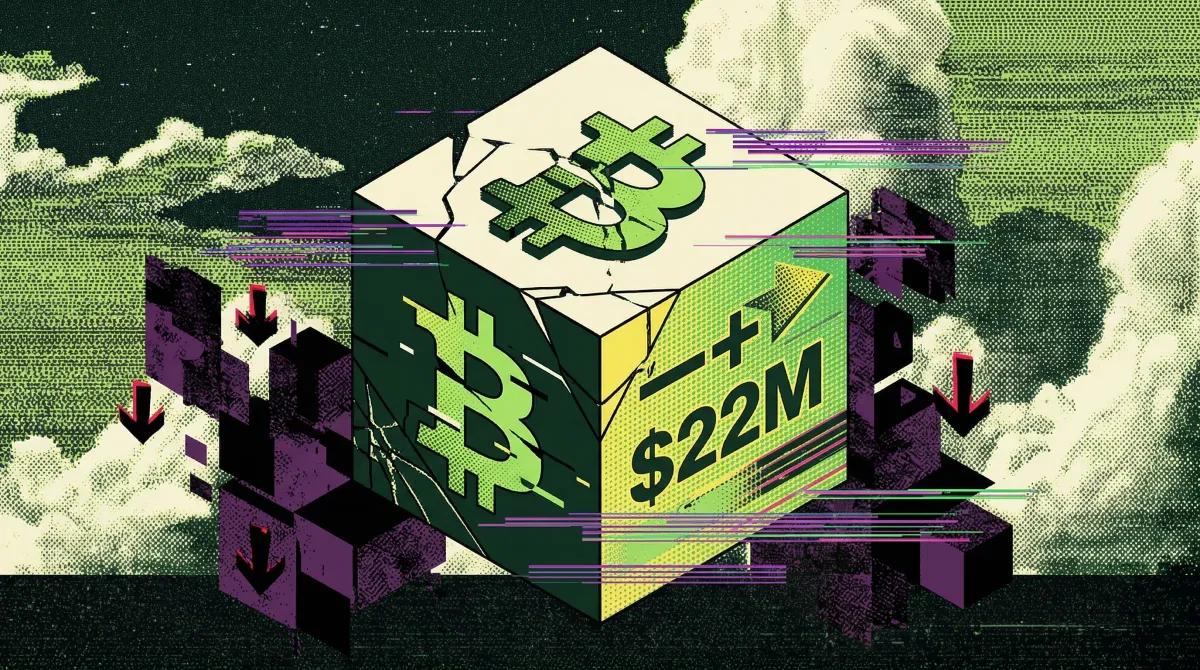 : Illustration of a Bitcoin cube showing positive $22M inflows surrounded by falling blocks representing altcoin ETF outflows during extreme fear market conditions.