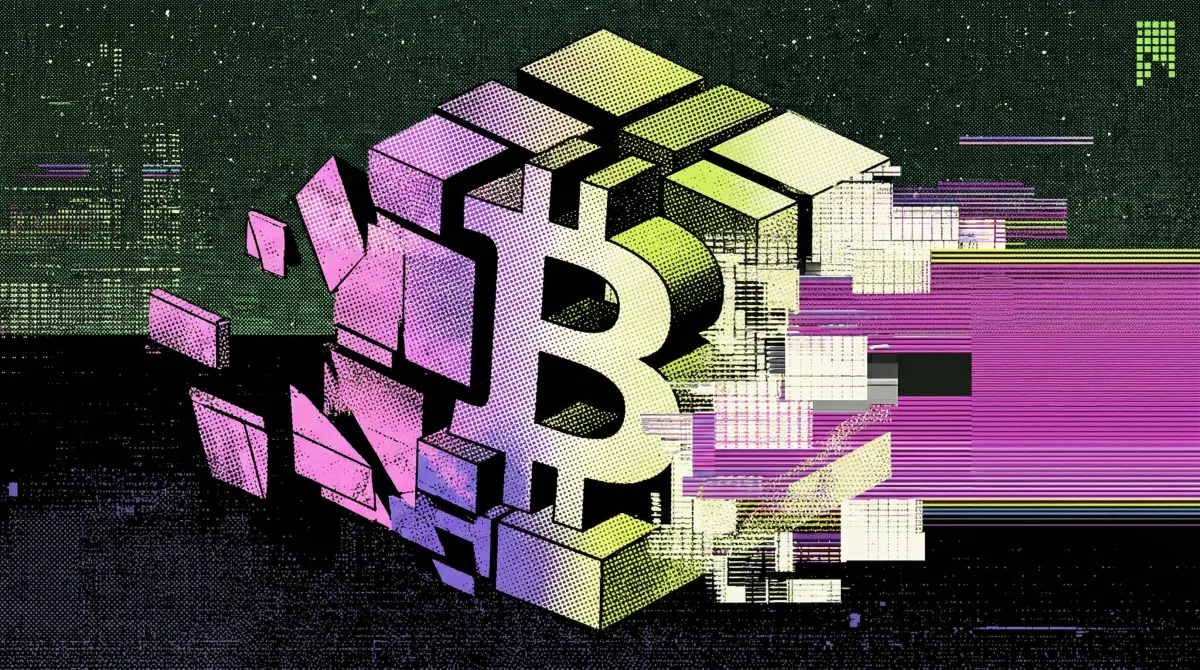 Illustration of a Bitcoin symbol emerging from fragmented blocks, representing Bitcoin ETFs and digital asset investment.