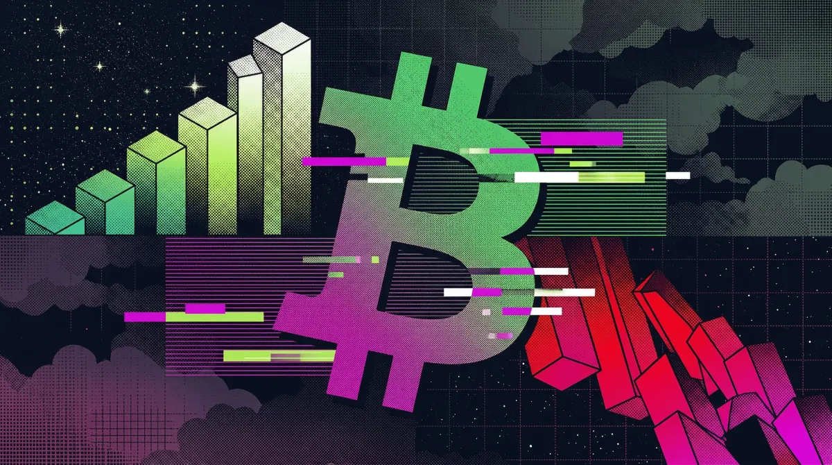 Illustration of a Bitcoin symbol between rising green bars and falling red bars, representing mixed flows in Bitcoin ETFs with strong March inflows but overall Q1 losses.