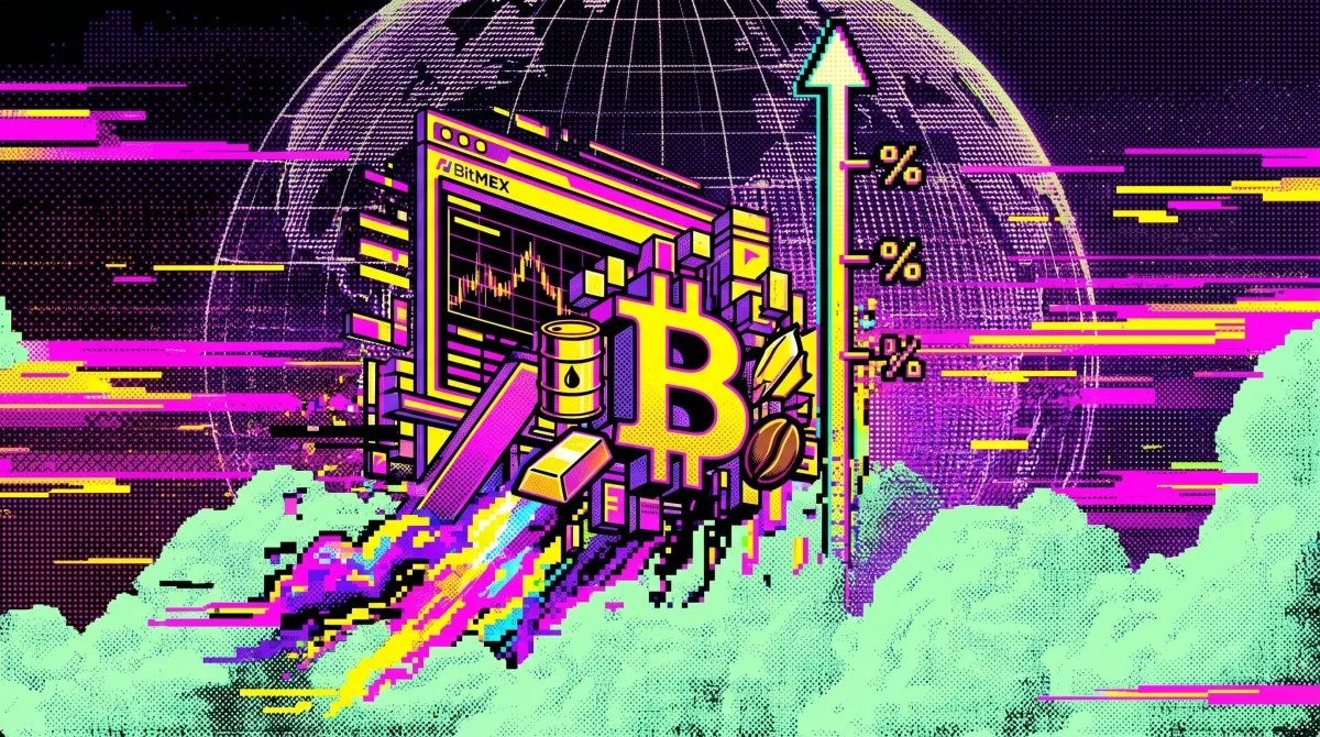 Illustration of a Bitcoin symbol and trading dashboard launching upward with percentage markers and charts, representing rapid growth in crypto derivatives and trading volume.