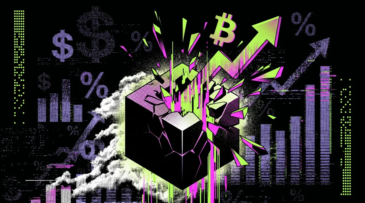 Illustration of a black cube bursting open with Bitcoin symbols, upward arrows, percentage signs, and rising charts, representing surging institutional investment and Bitcoin ETF growth.