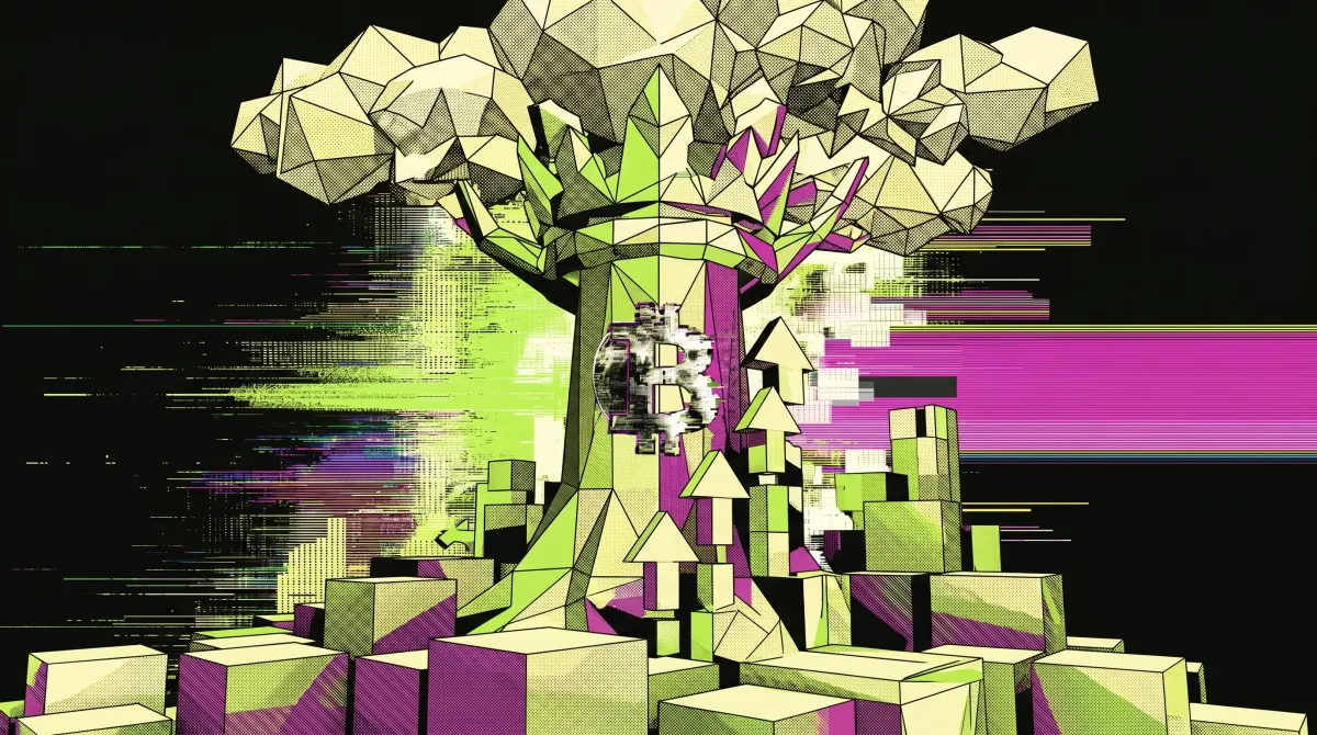 Abstract illustration of a geometric tree with a Bitcoin symbol, representing crypto venture growth and Blockchain Capital’s $700 million fundraise.