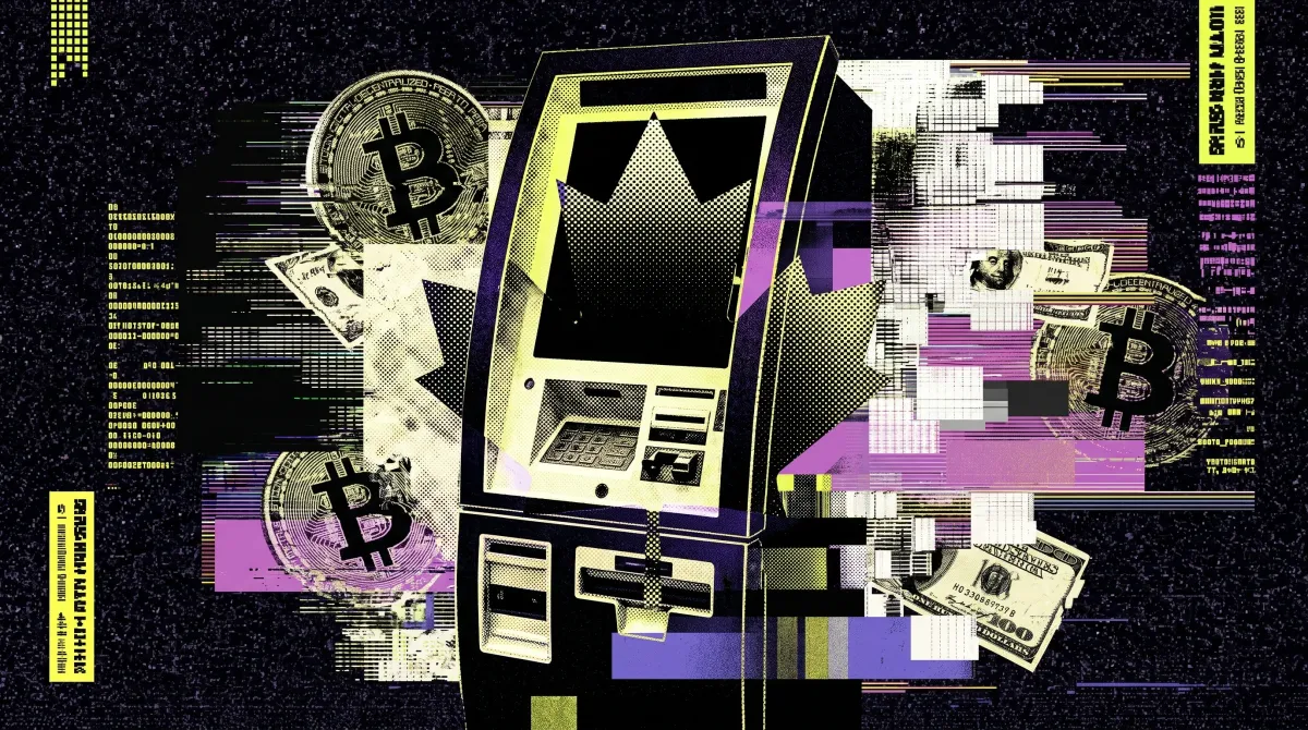 Stylized image of a crypto ATM with Bitcoin symbols and cash, representing Canada proposing a ban on crypto kiosks over fraud and money laundering concerns.