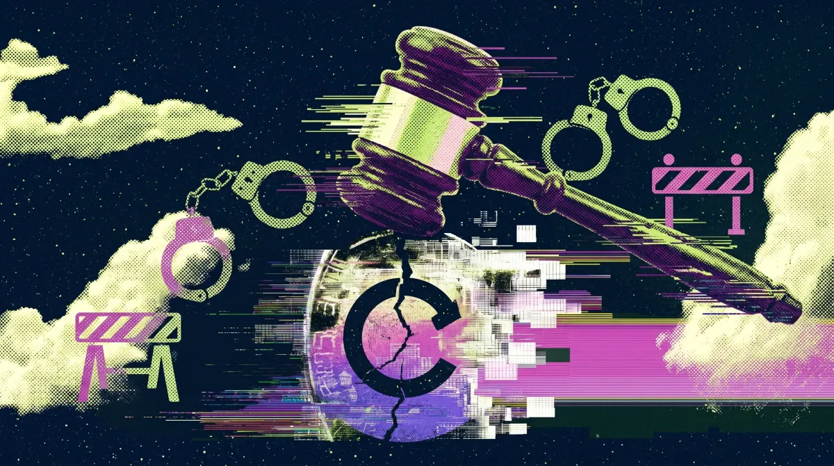 Gavel striking a crypto symbol with handcuffs and barriers, representing legal action and a lifetime ban in the crypto industry.