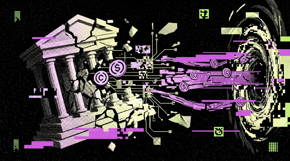 Stylised illustration of a crumbling classical building and digital dollar symbols flowing through a portal, representing Circle, USDC and the Drift Protocol hack lawsuit.