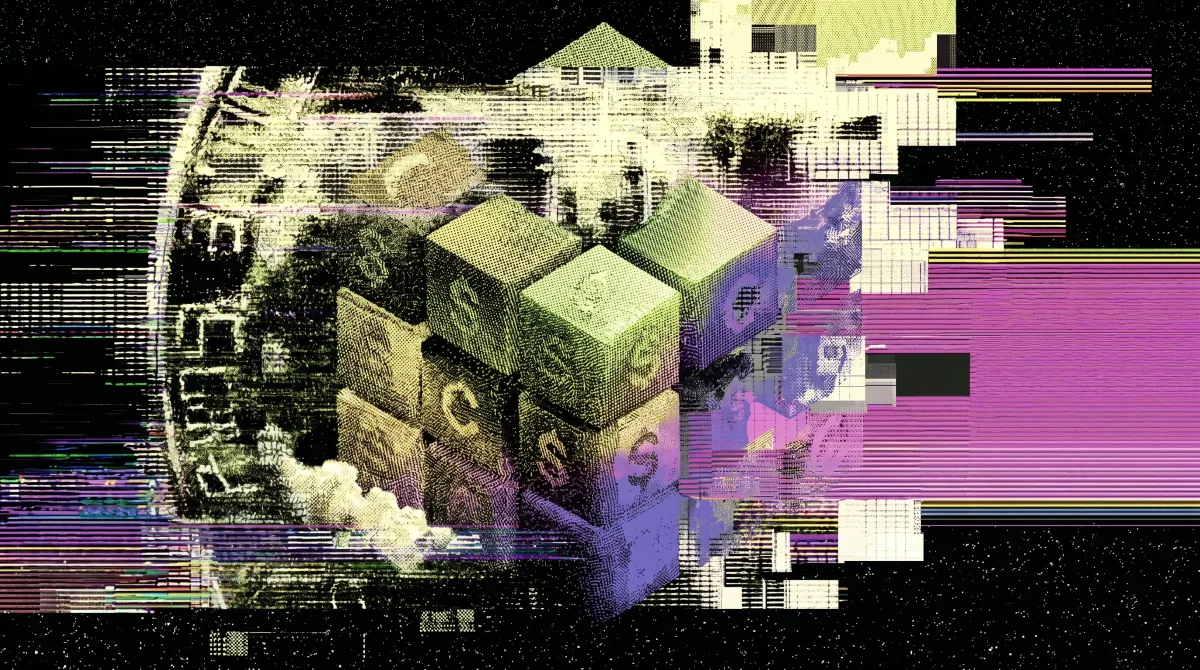 Stacked cubes with currency symbols, representing tokenized assets and a stablecoin credit fund.