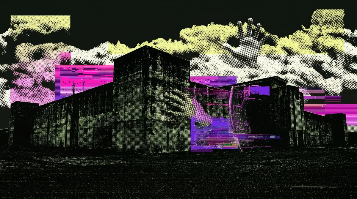 Illustration of a dark building with ghostly hands and glitch effects, symbolizing criminal activity and a crypto money laundering operation leading to a prison sentence.