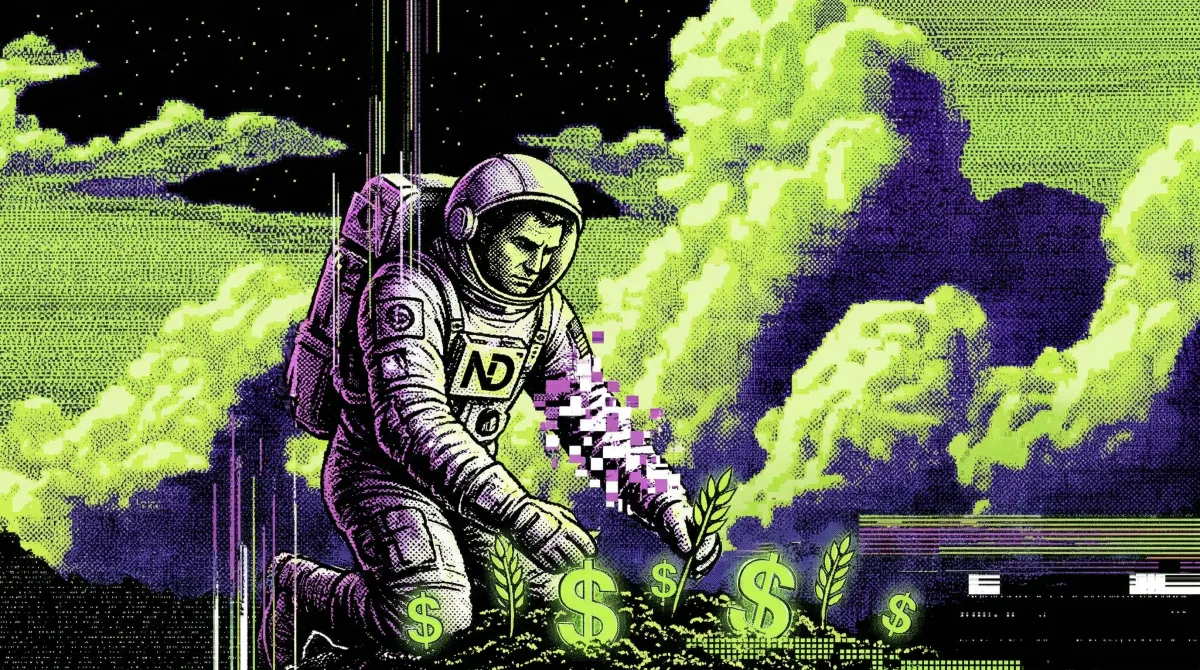 Illustration of an astronaut planting dollar symbols in soil, representing DeFi yield farming and crypto returns.