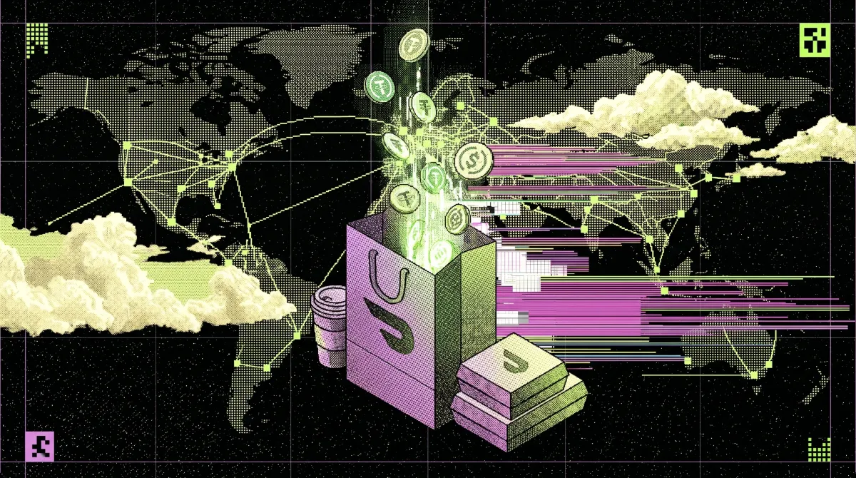 Isometric illustration of a delivery bag and coffee cup with stablecoin tokens rising above a global network map