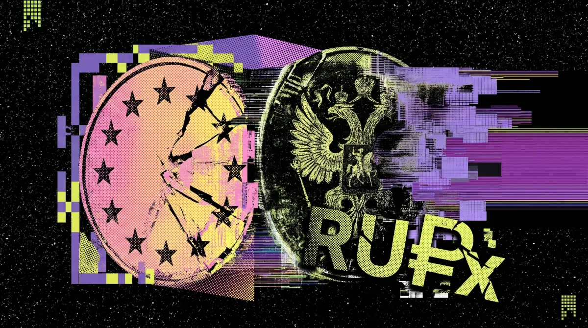 Illustration of a cracked euro coin colliding with a Russian ruble symbol, with glitch effects, representing EU sanctions targeting Russian crypto platforms.
