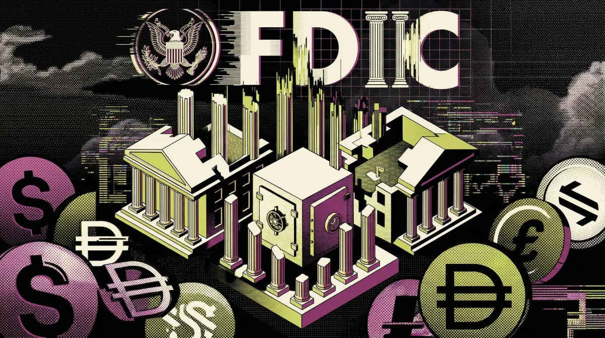 Illustration of the FDIC seal above bank buildings and currency symbols, representing new stablecoin rules allowing U.S. banks to enter the market.