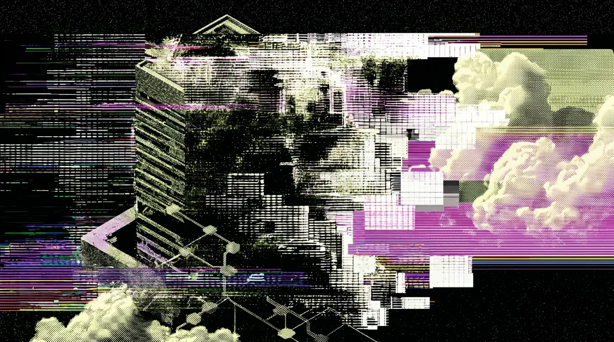 Stylised graphic of a large office tower dissolving into digital blocks and network lines, representing Hanwha Investment & Securities joining the Canton Network.