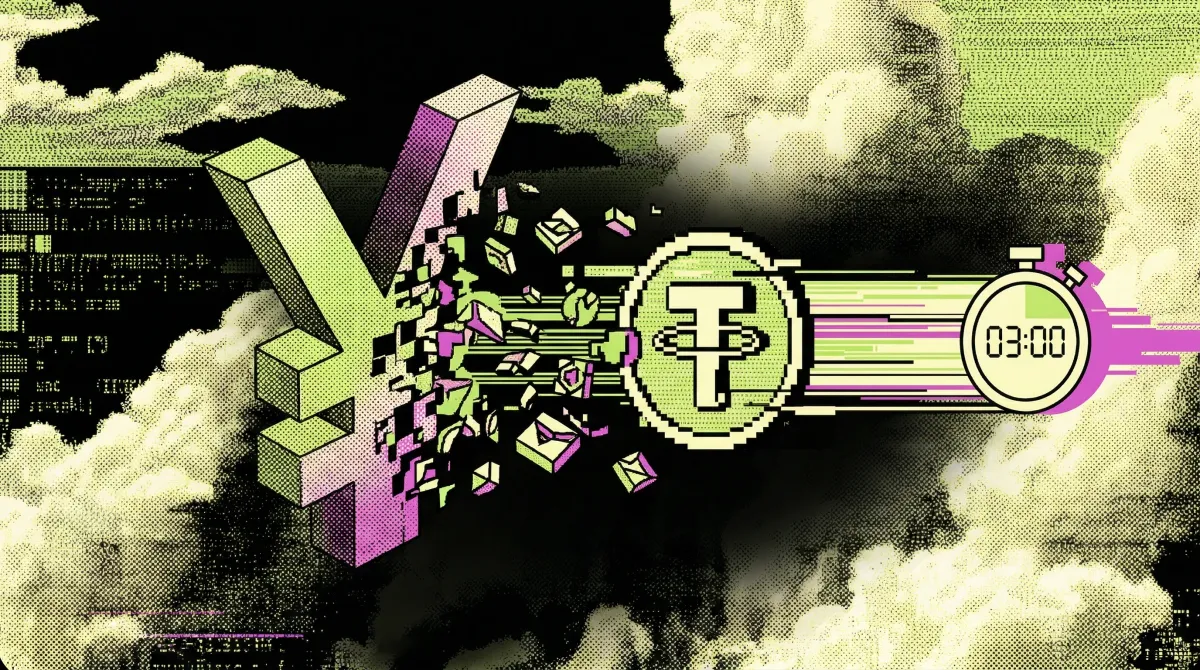 Digital illustration showing a Japanese yen symbol transforming into a stablecoin with a three-minute timer, representing banks using stablecoins to speed up payments.