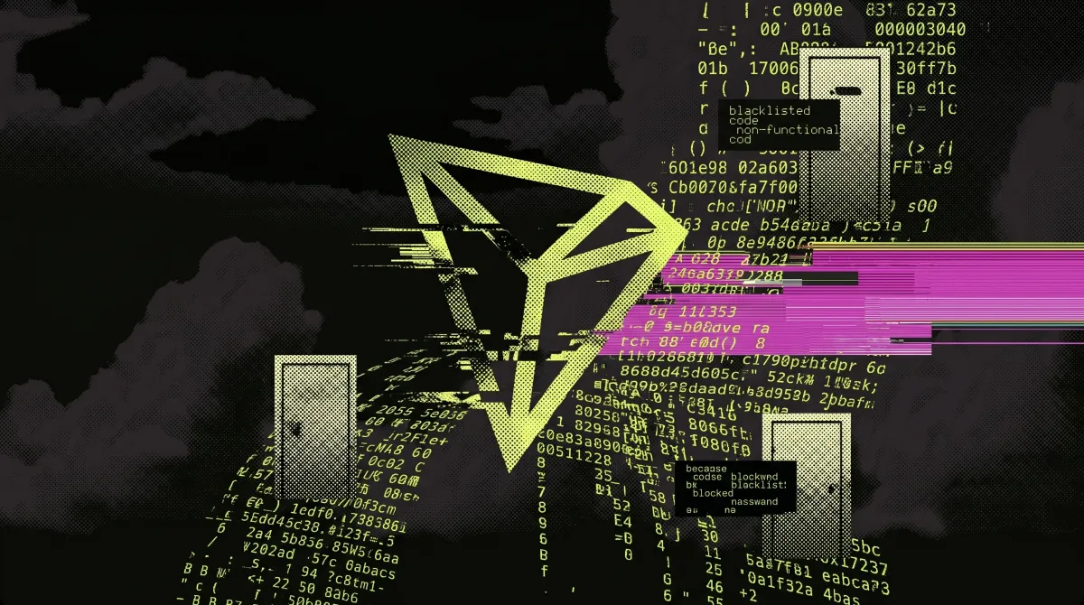 Illustration of the TRON logo over a globe made of code with digital doors and warning labels, representing alleged blacklist functions or hidden controls within blockchain code.