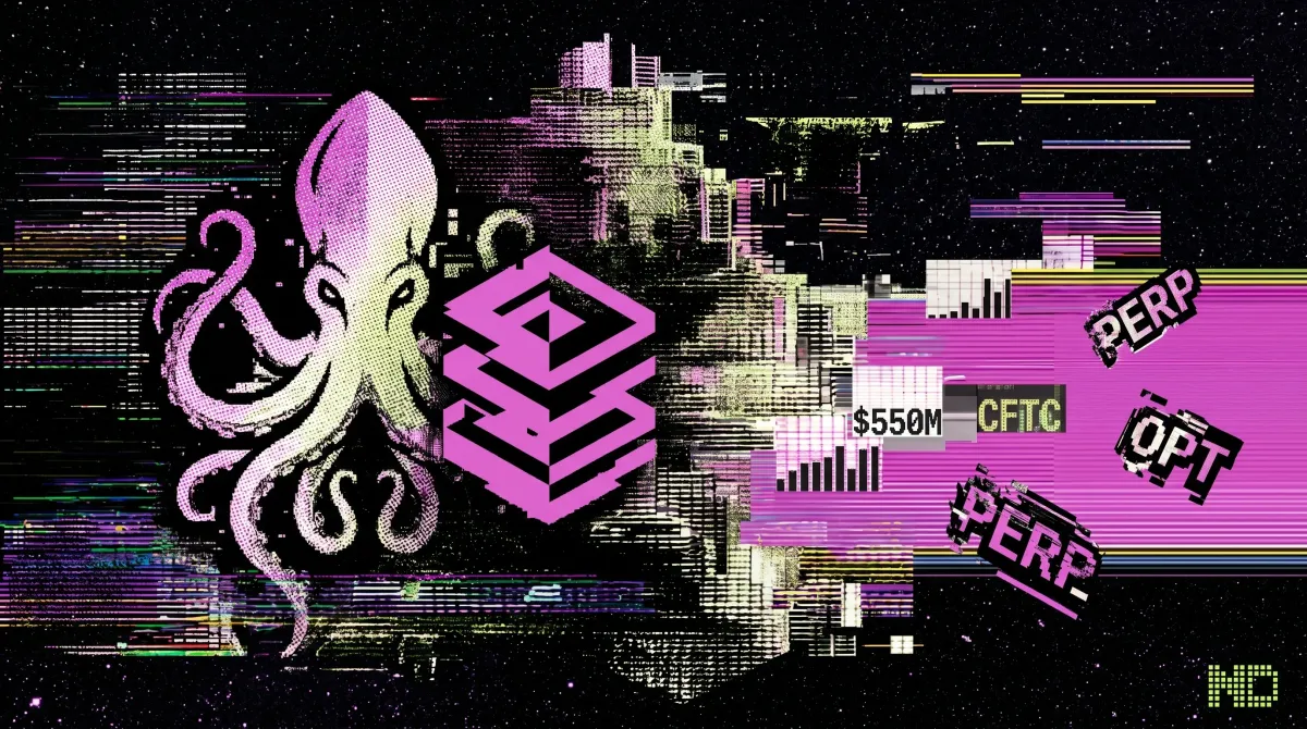 Stylised illustration of the Kraken logo, Bitnomial symbol, $550M label and CFTC references, representing Kraken’s Bitnomial deal and US derivatives expansion.