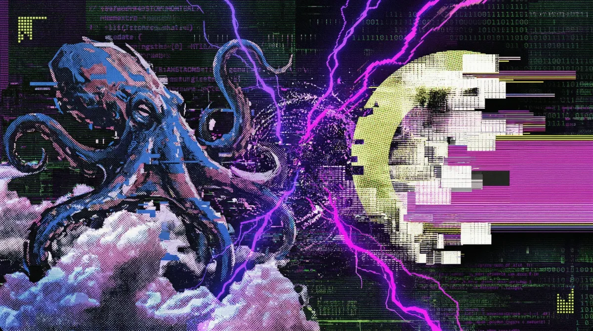 Stylised graphic showing an octopus facing a pixelated coin amid purple lightning and code, representing a Kraken vs Coinbase crypto exchange comparison.