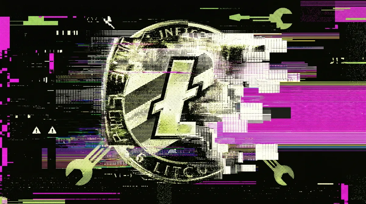 Glitched Litecoin coin graphic with magenta and green distortion lines, warning icons and repair tools around it.