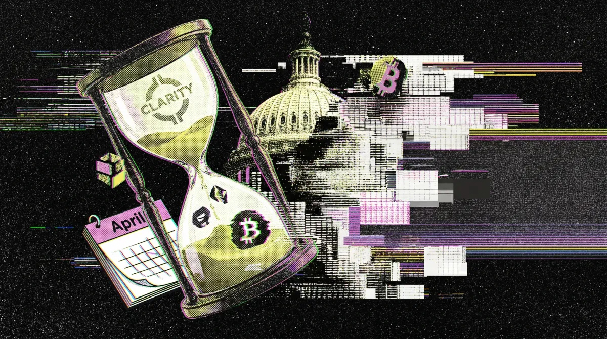 Illustration of an hourglass with crypto symbols and the U.S. Capitol building, representing the Senate debate over the CLARITY Act.