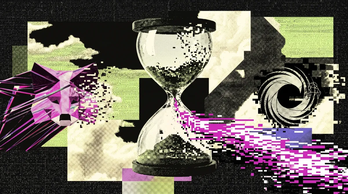 Stylised illustration featuring the MetaMask fox, an hourglass and a fragmented circular symbol, used to represent Dan Finlay’s departure from Consensys after more than 10 years.
