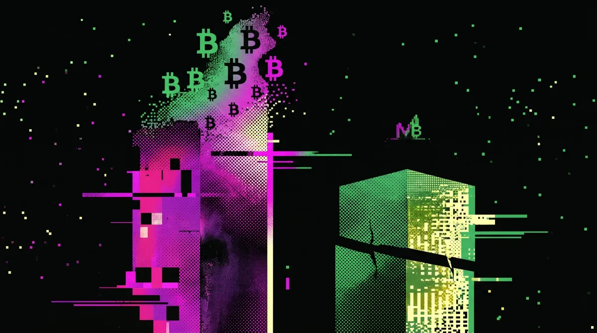 Abstract digital artwork in neon magenta and green showing fragmented Bitcoin symbols and geometric shapes on a black background.