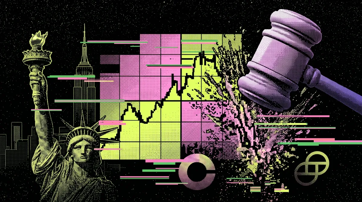 Stylised illustration of the Statue of Liberty, a judge’s gavel, a rising market chart, and Coinbase and Gemini logos against a dark New York skyline.